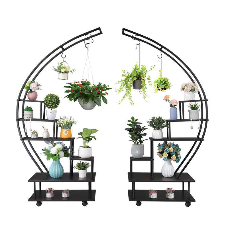 2pcs 6 Tiers Semicircular Iron Wood With Wheels Iron Planter Black - The Prime Mart