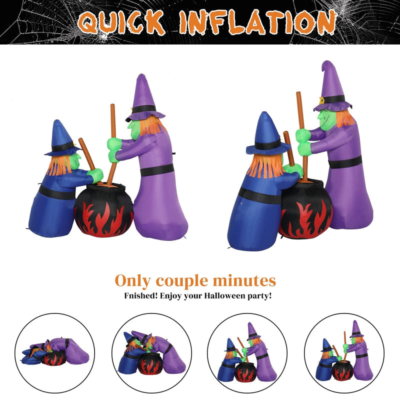 6ft Garden 5pcs LED String Lights Two Witches with Pots Inflatable Halloween Decoration