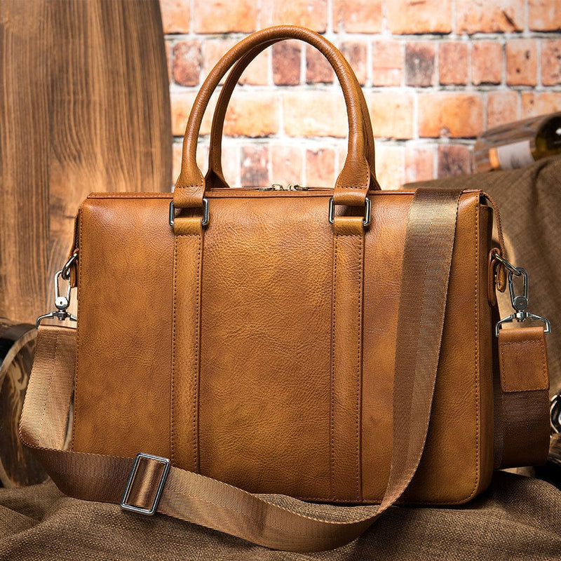 Brown Vintage Men's Leather Briefcase 14 Inch Handbag