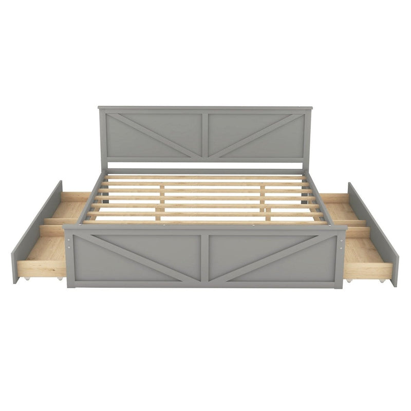 King Size Wooden Platform Bed with Four Storage Drawers and Support Legs, Gray