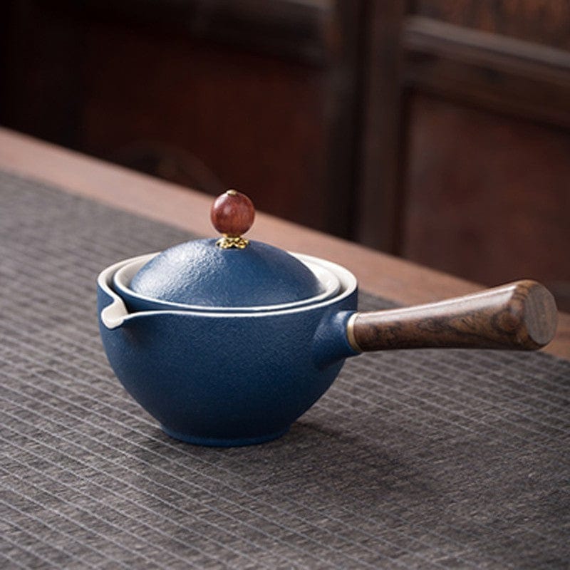 Blue Ceramic Teapot With Wooden Handle Side-handle Pot