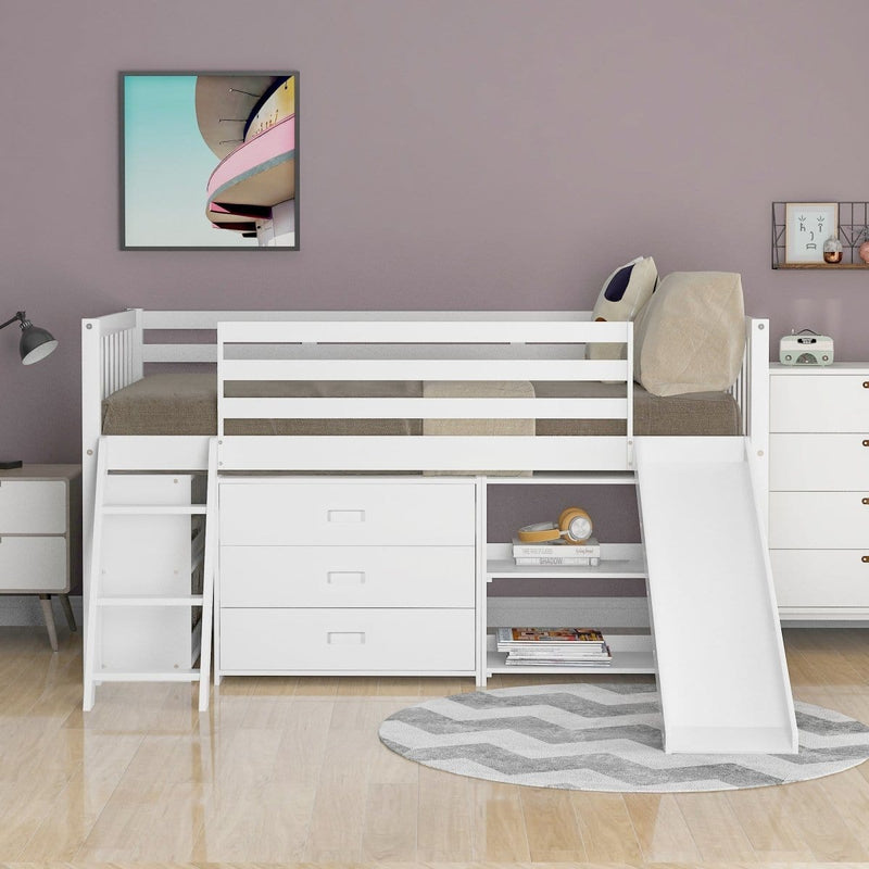 Low Loft Bed with Attached Bookcases and Separate 3-tier Drawers