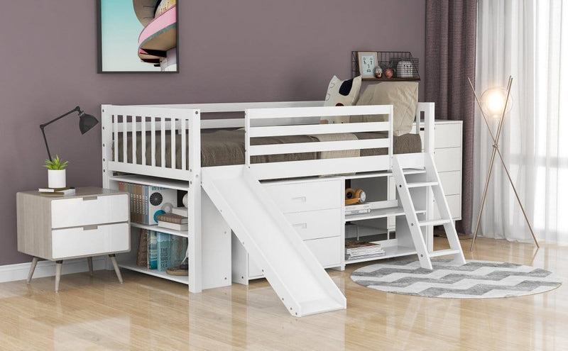 Low Loft Bed with Attached Bookcases and Separate 3-tier Drawers