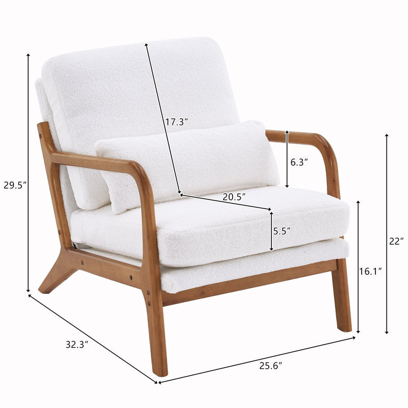 Oak Armrest Upholstered Teddy Velvet Single Lounge Chair White