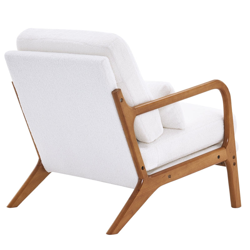 Oak Armrest Upholstered Teddy Velvet Single Lounge Chair White