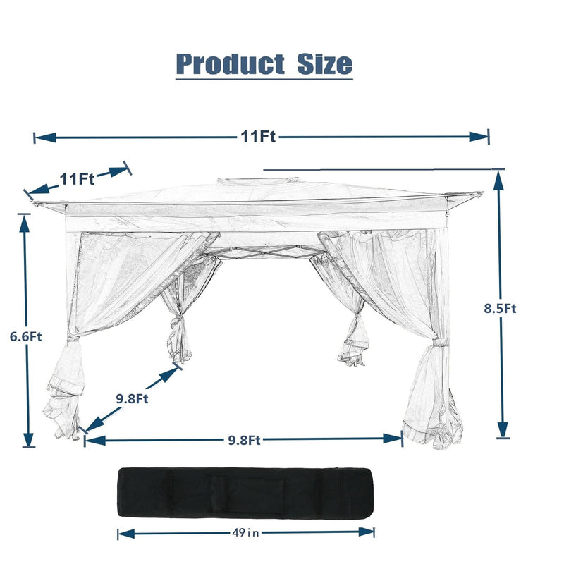 Outdoor 11x 11Ft Pop-Up Gazebo Canopy With Removable Zipper Netting