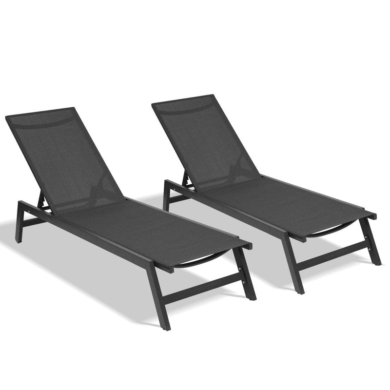 Outdoor 2-Pcs Set Chaise Lounge Chairs,Five-Position Adjustable Aluminum Recliner,All Weather for Patio,Beach,Yard,Pool ( Grey Frame/ Black fabric)
