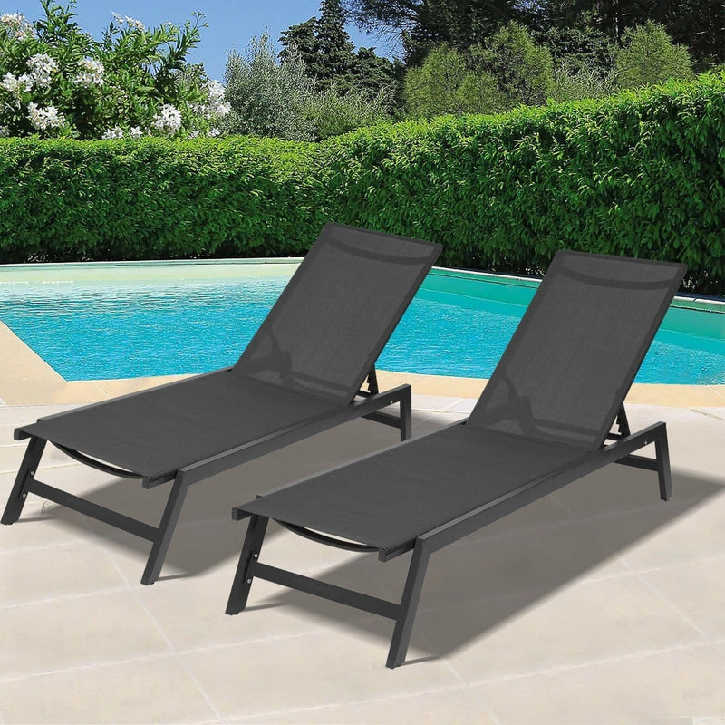 Outdoor 2-Pcs Set Chaise Lounge Chairs,Five-Position Adjustable Aluminum Recliner,All Weather for Patio,Beach,Yard,Pool ( Grey Frame/ Black fabric)