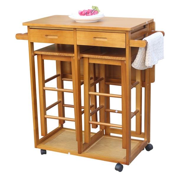 Square Solid Wood Folding Dining Cart with 2 Stools