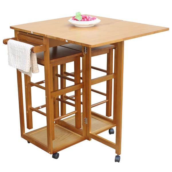 Square Solid Wood Folding Dining Cart with 2 Stools
