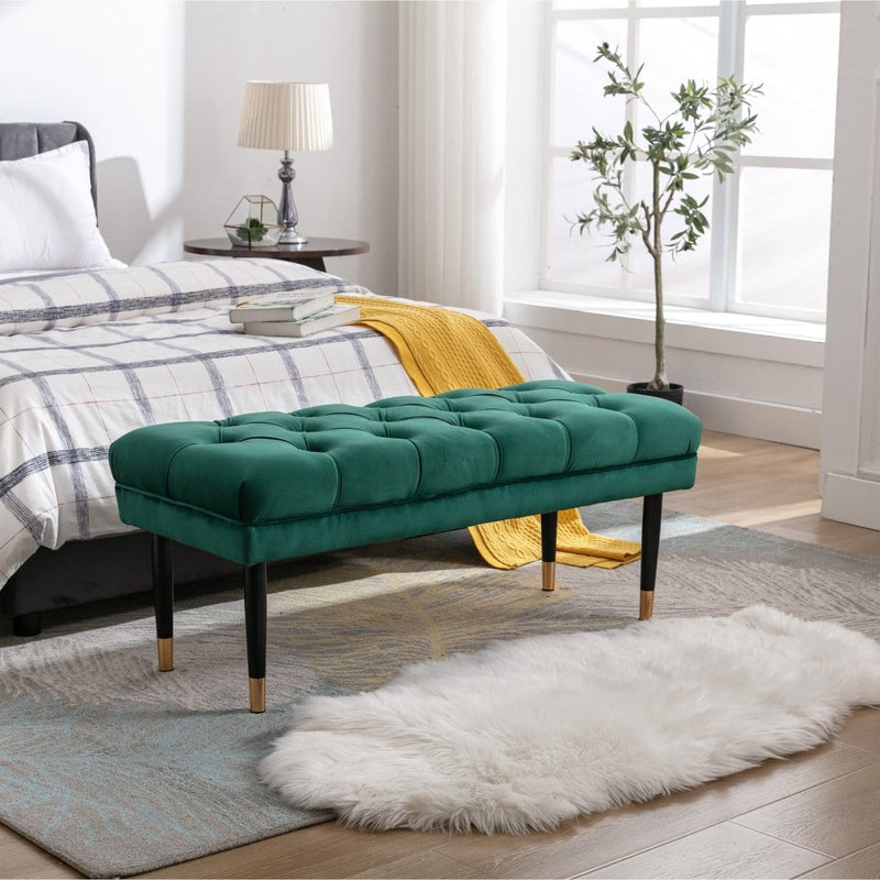 Tufted Bench Modern Velvet Button Upholstered Ottoman enches Bedroom Rectangle Fabric Footstool with Metal Legs for Living Room Entryway,Green