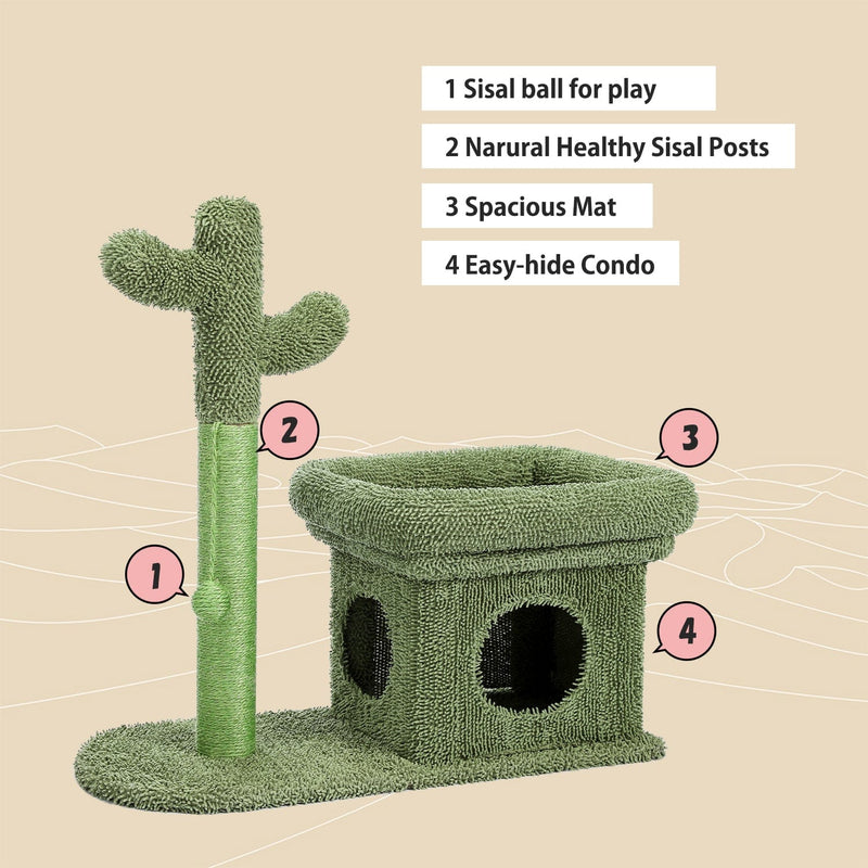 2 IN 1 Cactus Cat Tree Cat Tower With Sisal Covered Scratching Post Cozy Condo Plush Perch Dangling Ball for Indoor Cats