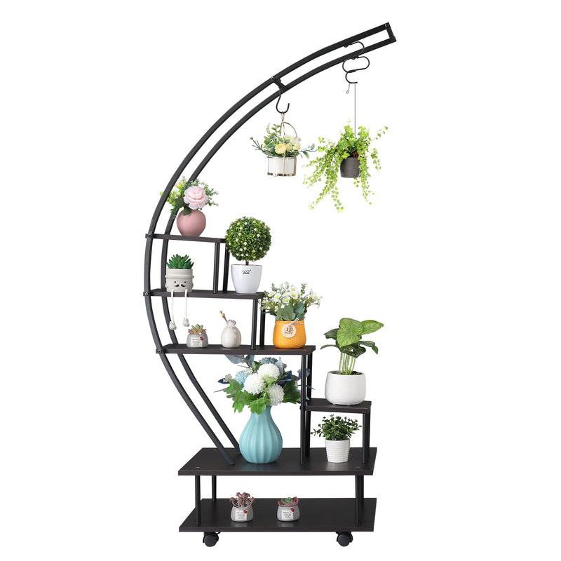 6 Tiers Semicircular Iron Wood With Wheels Iron Planter Black - The Prime Mart