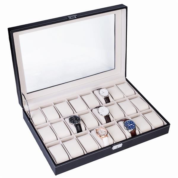 24 Compartments Top-level Opening Style Leather Watch Collection Box Black