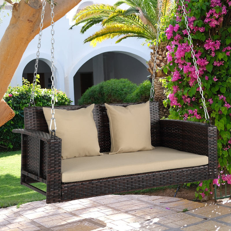 49in Brown Gradient Rattan  Beige Cushion Rattan Swing Chair（Swing frames not included）