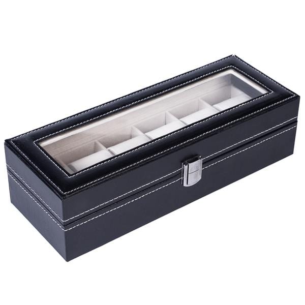 6 Compartments High-grade Leather Watch Collection Storage Box Black