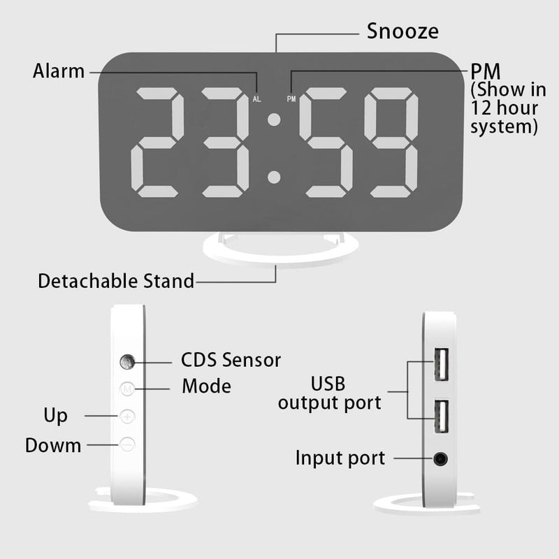 Digital Alarm Clock Mirror Surface LED USB Charger