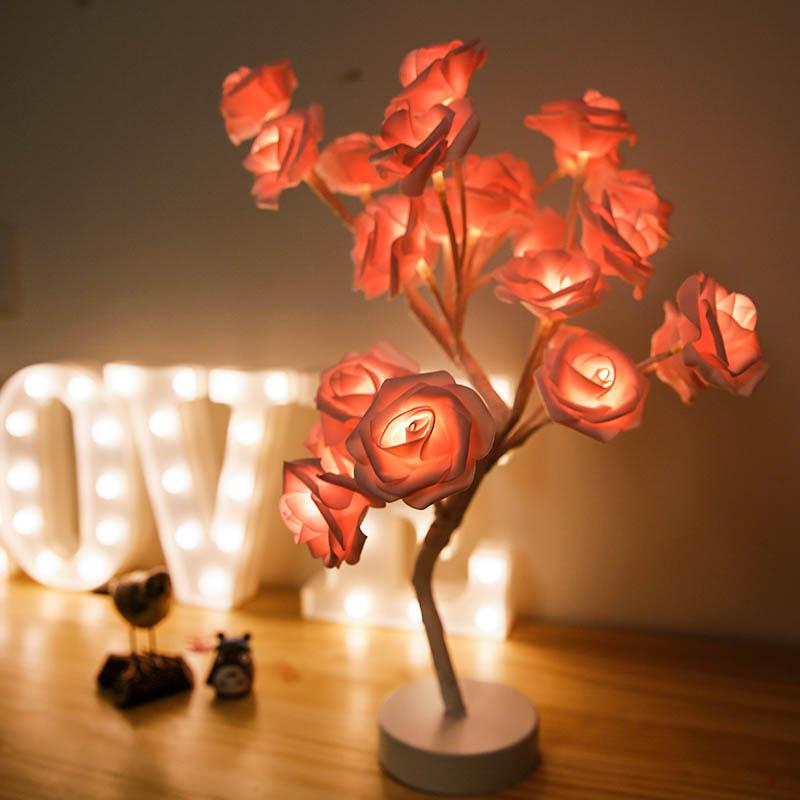 Pink Rose Flower Tree LED Lamp
