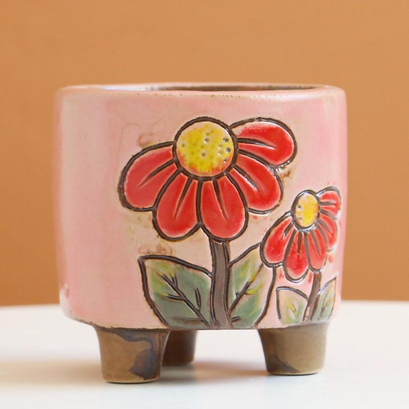 Flowers pink / 8x8.5cm Small Ceramic Stoneware Relief Hand-painted Succulent Flower Pot