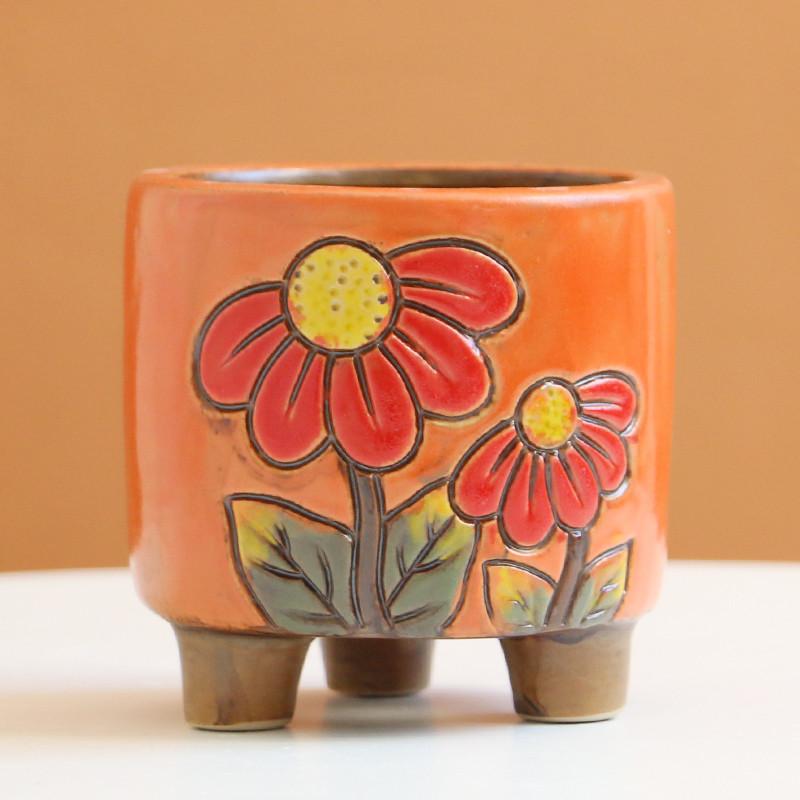 Flowers Orange / 8x8.5cm Small Ceramic Stoneware Relief Hand-painted Succulent Flower Pot