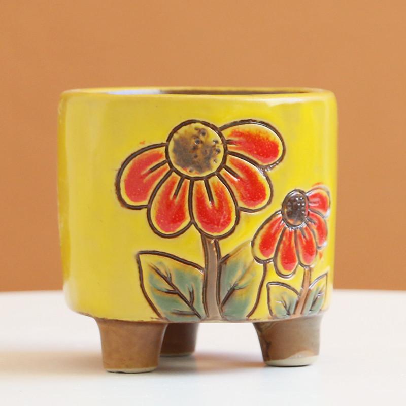 Flowers yellow / 8x8.5cm Small Ceramic Stoneware Relief Hand-painted Succulent Flower Pot