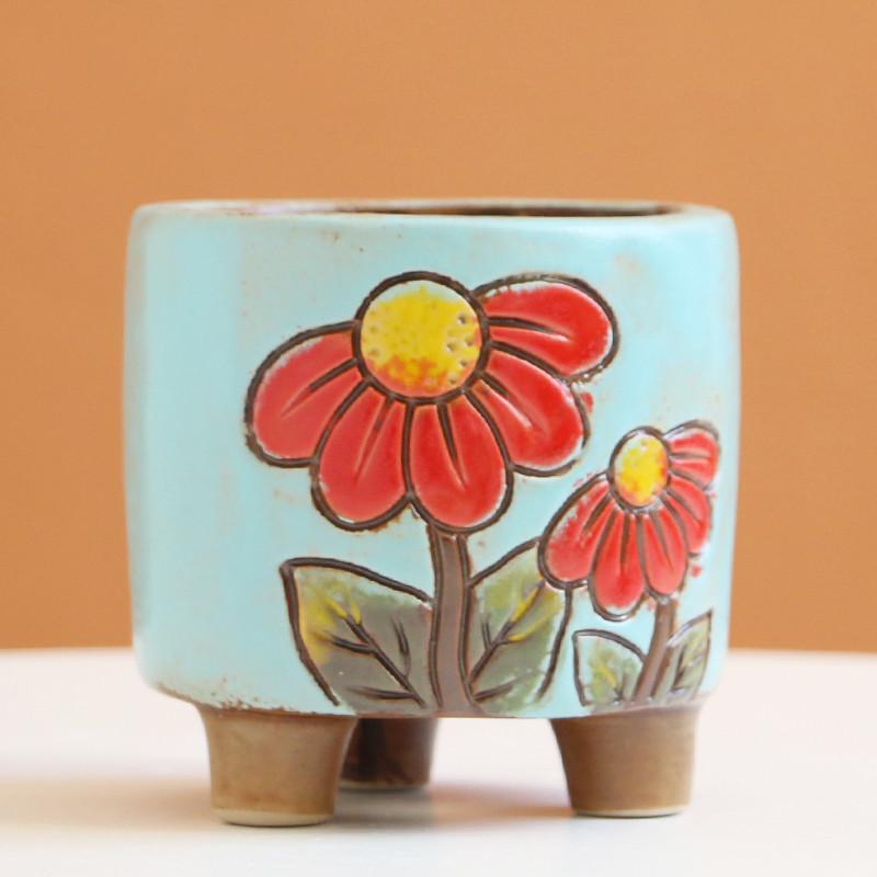Flowers Blue / 8x8.5cm Small Ceramic Stoneware Relief Hand-painted Succulent Flower Pot