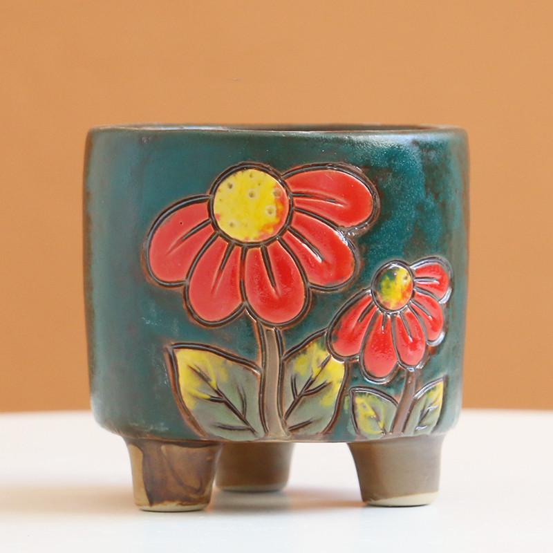 Flowers Dark green / 8x8.5cm Small Ceramic Stoneware Relief Hand-painted Succulent Flower Pot