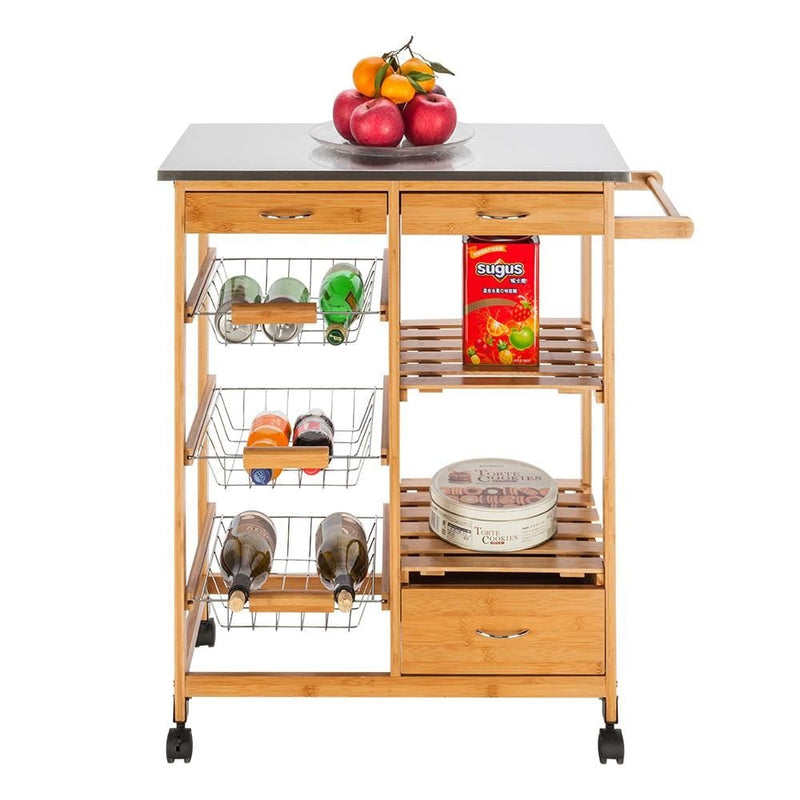 Moveable Kitchen Cart with Stainless Steel Table Top Drawers and Baskets
