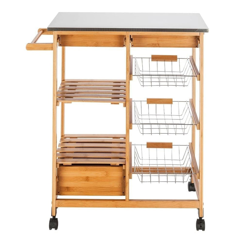 Moveable Kitchen Cart with Stainless Steel Table Top Drawers and Baskets