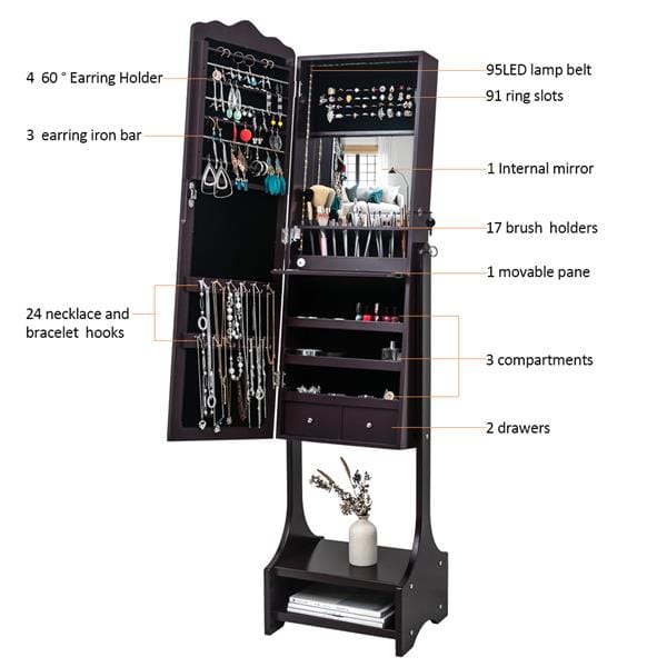 Non-Full Mirror Wooden Floor Standing Jewelry Storage Cabinet Dark Brown