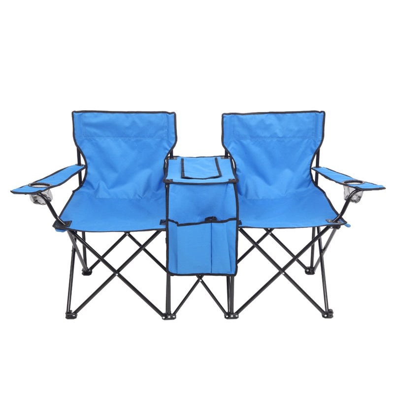 Portable Outdoor Folding Chair 2-seat with Removable Sun Umbrella Blue