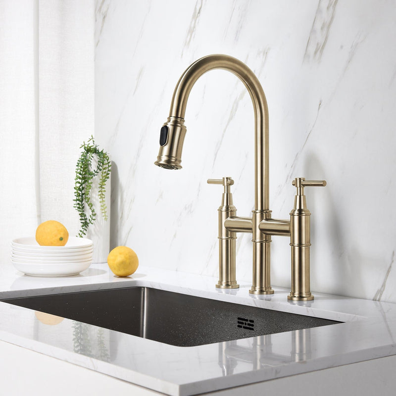 Pull Down Double Handle Kitchen Faucet Brushed Gold