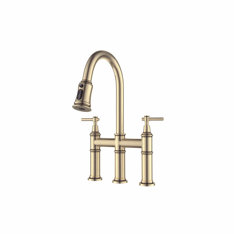 Pull Down Double Handle Kitchen Faucet Brushed Gold