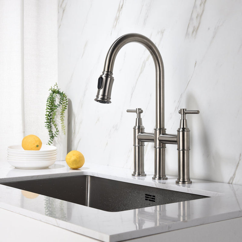 Pull Down Double Handle Kitchen Faucet Brushed Nickel