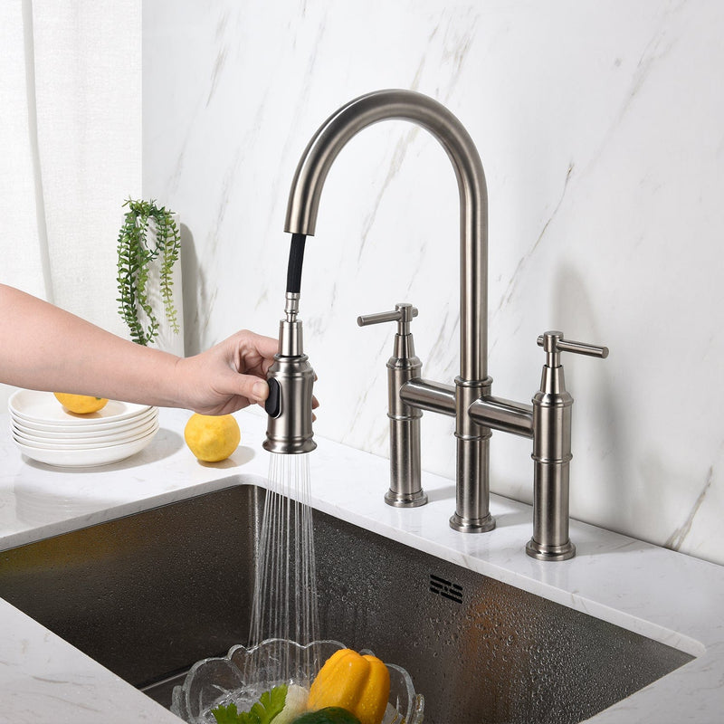 Pull Down Double Handle Kitchen Faucet Brushed Nickel