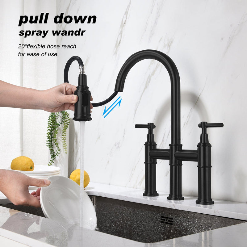 Pull Down Double Handle Kitchen Faucet Matte Black