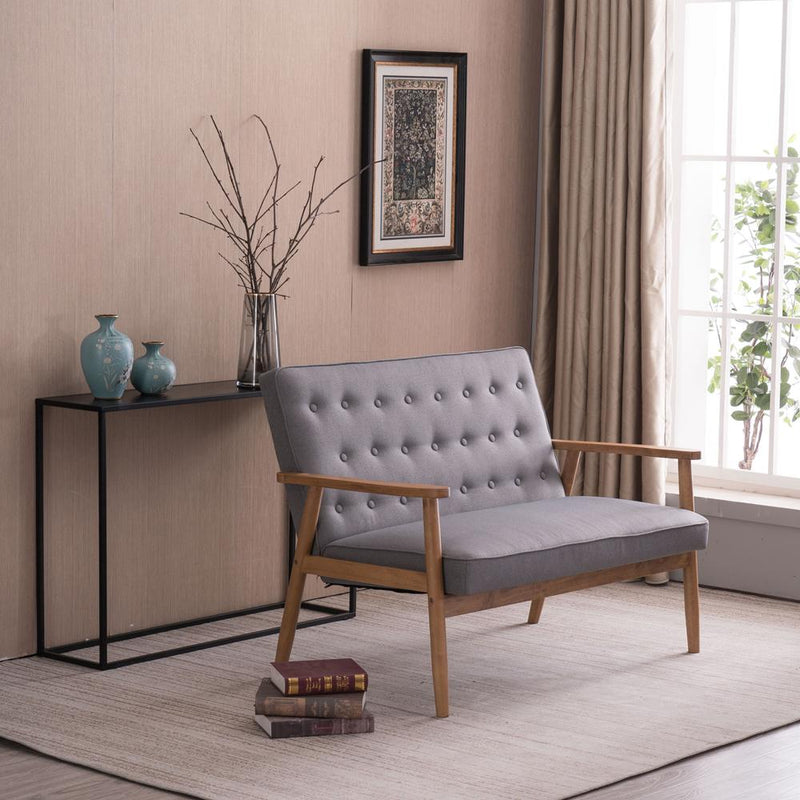 Retro Modern Wood Double Sofa Chair Leisure Chair Light Gray Fabric