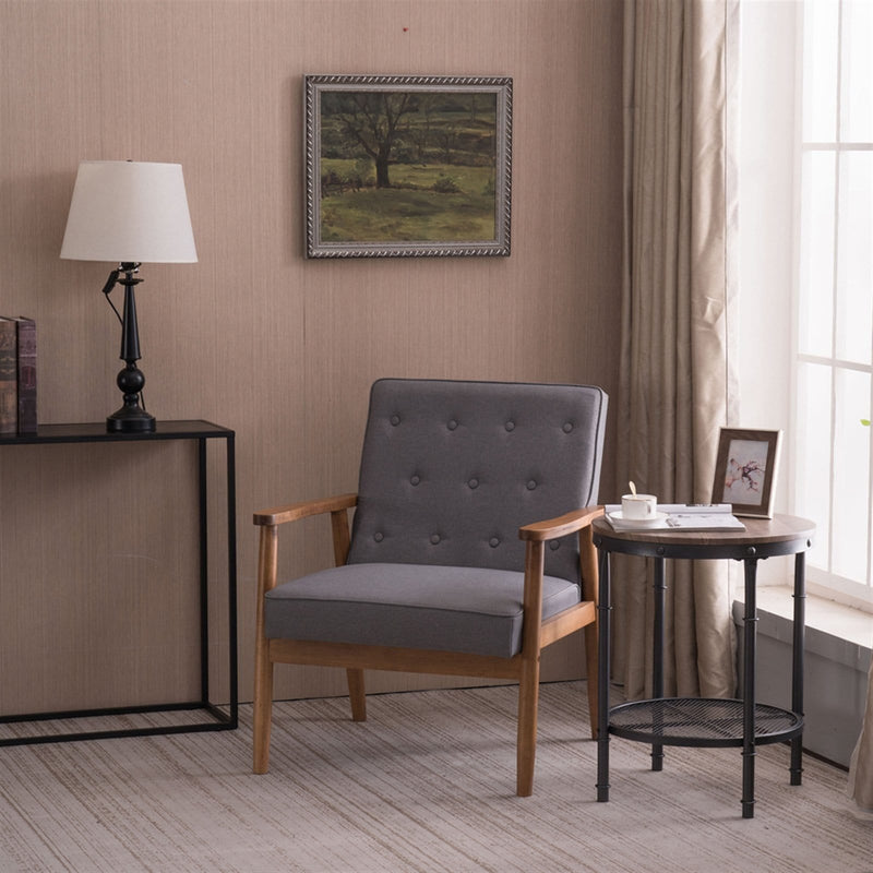 Retro Modern Wooden Single Chair, Grey Fabric