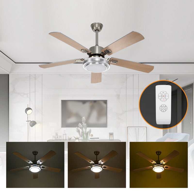 Ridgeyard 52 inch LED Indoor Brushed Nickel Ceiling Fan with Light Kit and Remote Control