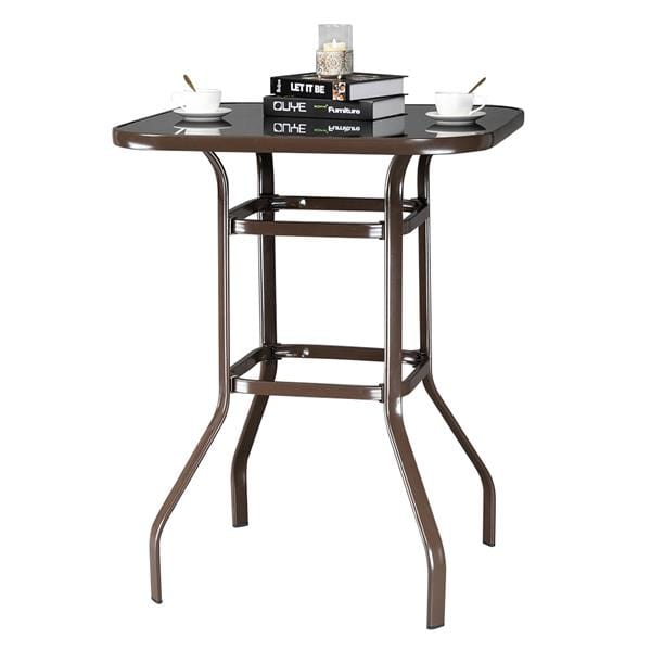Wrought Iron Glass High Bar Table Brown